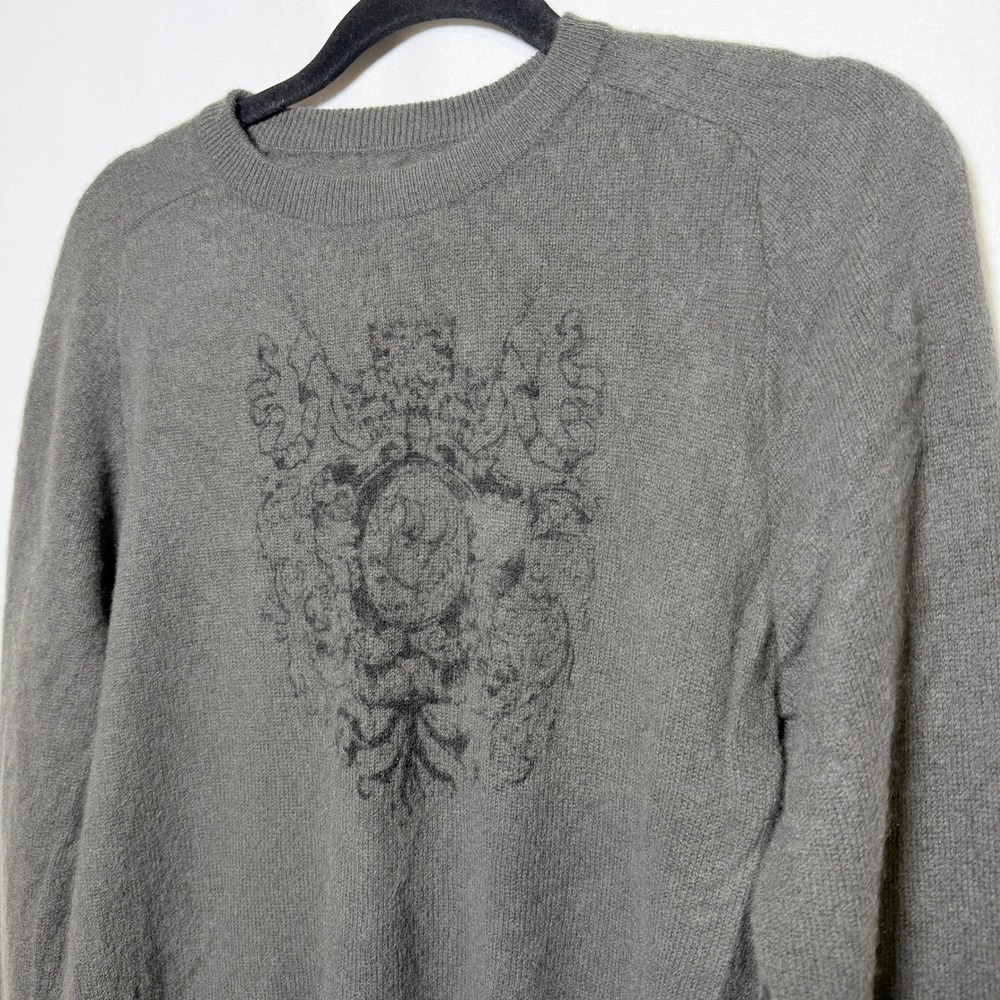 Nordstrom 100% Cashmere Grayish Olive Crewneck Sweater Heraldic Crest Graphic M